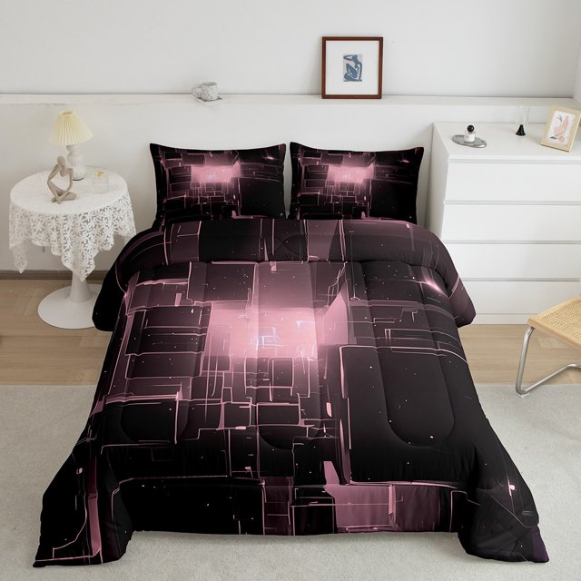 Geometric Abstract Bedding 3D Modern Glowing Square Plaid Comforter Set Pink Room Decor for Teen Girls, Neon Light Gradient Grid Bedding Comforter Sets King 3Pcs, Poppy Plaid Pink