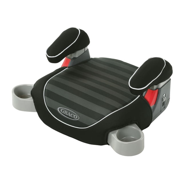 Graco Siège d'Appoint Sans Dossier pour Voiture avec Siège Rembourré à Rayures Noires et Gris Foncé, Accoudoirs Rembourrés à Hauteur Ajustable et Deux Porte-Gobelets Gris Dissimulés, Conçu pour les Enfants de 40 à 100 lb pour les Élever à la Hauteur de Ceinture de Sécurité Appropriée, Illustré sur Fond Blanc.