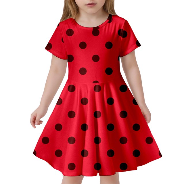 Robe Fille Enfant Été à Pois Slim Douce Respirante Manches Courtes Décontractée Robe Enfants Rouge 4 Ans-5 Ans