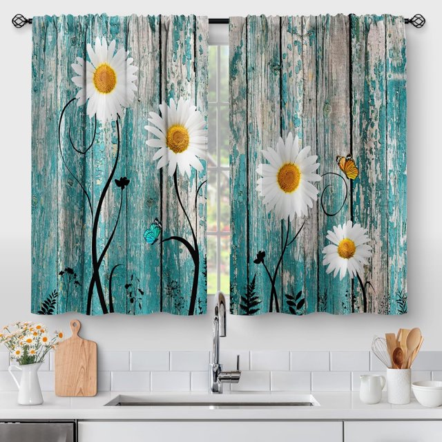 Flower Daisy Wood Kitchen Curtains - Wooden Rustic Retro Floral Farmhouse Spring Butterfly Plant Farm Short Cafe Tier Curtains Decor Rod Pocket Window Drapes 24 Inch Length 2 Panels 28"x24"