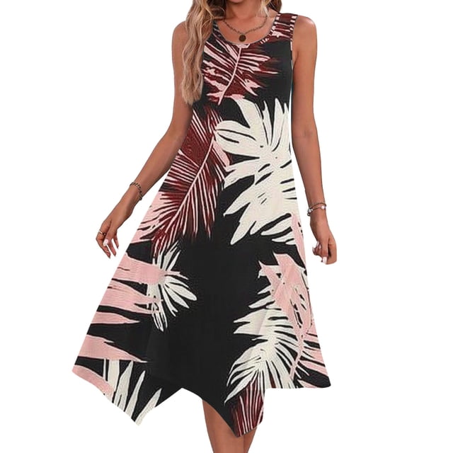 Ovzne Robes pour Femmes Robe de Plage Robes pour Femmes Sans Manches Col Rond à Cordon Décontractée à Volants Robe Trapèze Courte Grande Taille Robe Maxi Liquidation