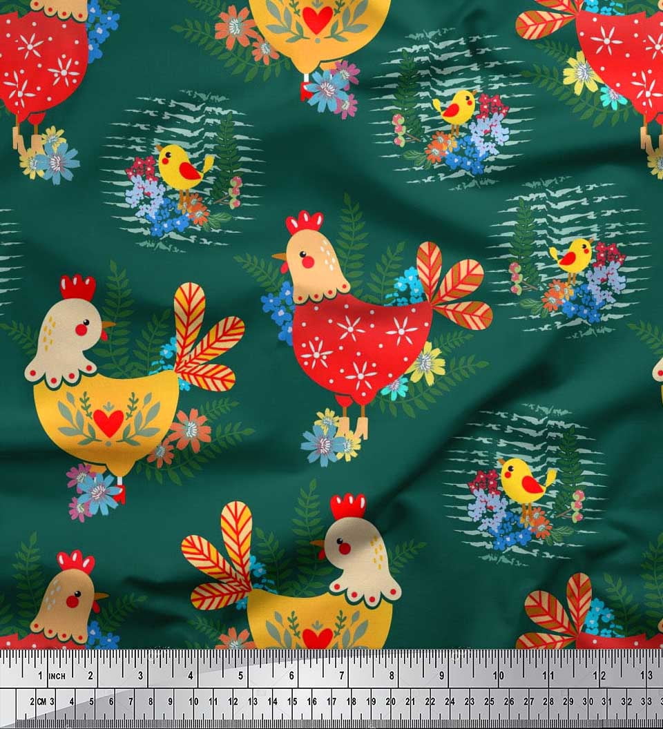 Soimoi Georgette Viscose Fabric Floral,Chick & Cock Cartoon Print Fabric by The Yard 42 Inch Wide