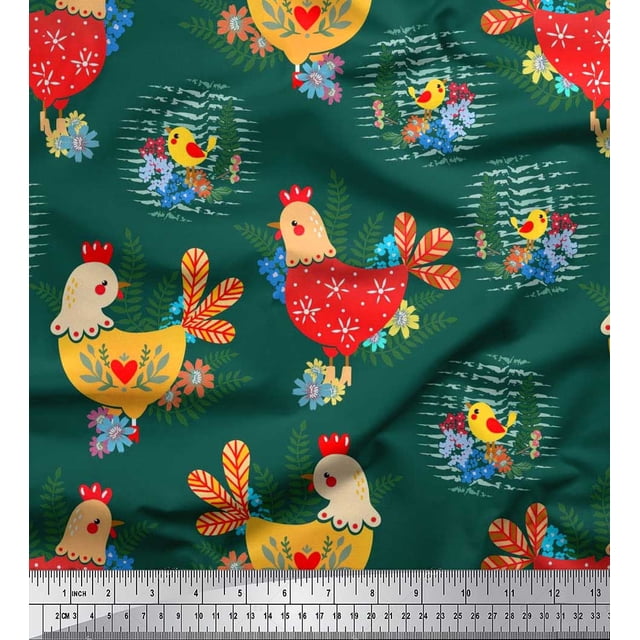 Soimoi Polyester Crepe Fabric Floral,Chick & Cock Cartoon Decor Fabric Printed Yard 42 Inch Wide