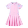 thumbnail image 1 of Yanlir Jupe de Bain pour Filles 2-12 Ans, Maillots de Bain à Blocs de Couleur avec Fermeture Éclair pour Filles, Col Rond, Ajusté, Manches Courtes, Robe Plissée (Rose, 11 Ans), 1 of 5