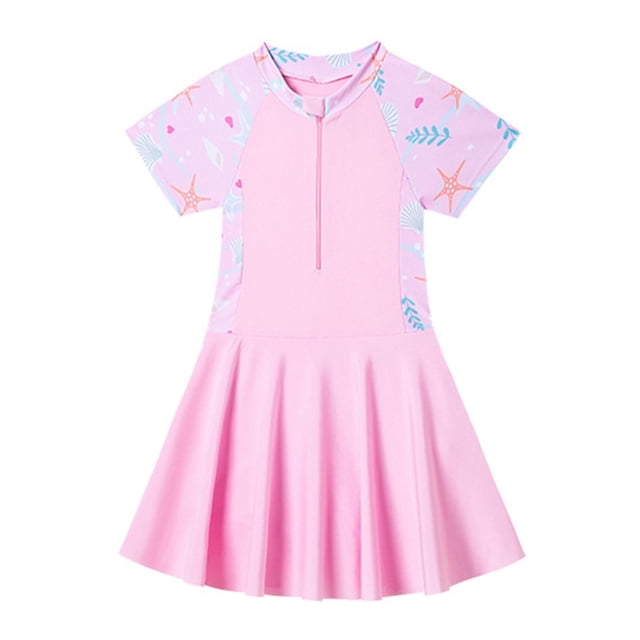 Yanlir Jupe de Bain pour Filles 2-12 Ans, Maillots de Bain à Blocs de Couleur avec Fermeture Éclair pour Filles, Col Rond, Ajusté, Manches Courtes, Robe Plissée (Rose, 11 Ans)