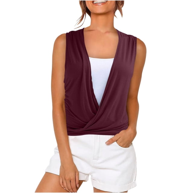 Timegard Camisoles pour Femmes Col en V Froncé devant Croisé Confortable Chic Décontracté Sans Manches Chemises Haut Blouse