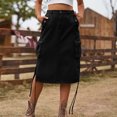 thumbnail image 3 of Mrat Jupe en Denim pour Femmes Jupe Longue de Printemps et d'Été pour Femmes Robe de Travail en Denim d'Été avec Poche Jupe Midi Évasée Plissée Jupe Décontractée Mi-Longue Noire P, 3 of 5