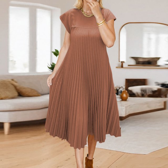 Ovzne Robes pour Femmes Robe Femme Grande Taille Décontractée à Manches Courtes Mi-Longue Plissée Taille Haute Robe de Couleur Unie Robe d'Été à Manches Courtes Liquidation