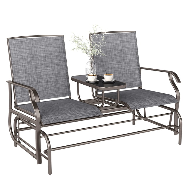 Outsunny Banc à Bascule d'Extérieur avec Table et Chaise Berçante pour 2 en Gris. Ce Banc à Bascule Moderne Deux Places Présente un Cadre en Métal durable avec des Sièges en Tissu Maillé Gris Respirant et une Table en Verre Trempé Noir Effet Soie au Centre. le Banc Comprend Quatre Accoudoirs Berçants pour un Mouvement Fluide d'Avant-derrière, des Accoudoirs et un Dossier Haut pour un Confort Accru. Idéal pour une Utilisation Extérieure sur patios, Jardins Ou Terrasses. Dimensions : 57.5 Pouces de Large, 31.9 Pouces de Profondeur et 38.2 Pouces de Hauteur.