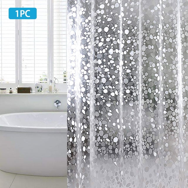 Mistaha 1PC Shower Curtain with Hooks, made of PVC, featuring a waterproof, mildew-resistant, and antibacterial design with a 3D white semi-transparent pebble pattern. Includes 12 hooks and reinforced top metal buttonholes for durability. Quick-drying and suitable for bathrooms with various shower rod types.