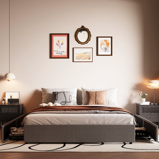 Yiwa Upholstered Platform Bed Frame, Linen Fabric with Four Storage Drawers and Wooden Slat Support, Easy Assembly