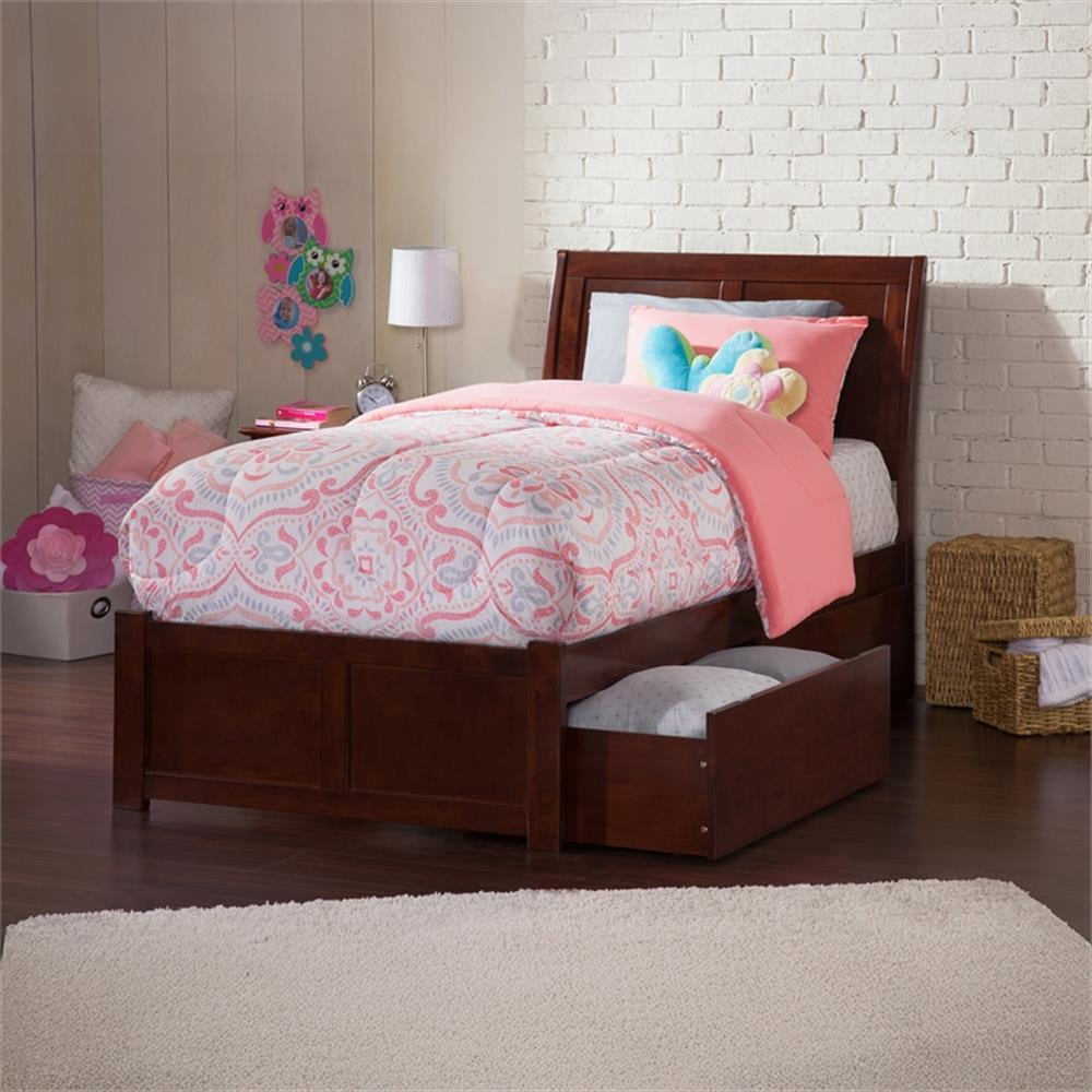 Lit Plateforme Simple en Bois Portland avec Pied de Lit et Tiroirs de Rangement en Noyer