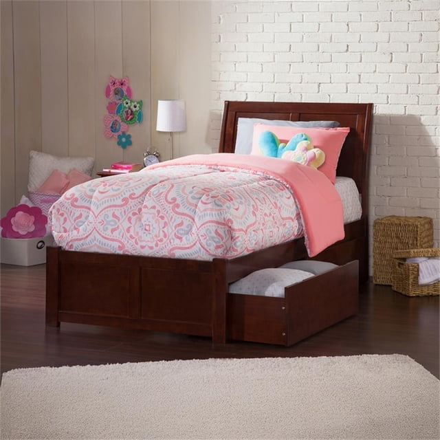 Lit Plateforme Simple en Bois Portland avec Pied de Lit et Tiroirs de Rangement en Noyer