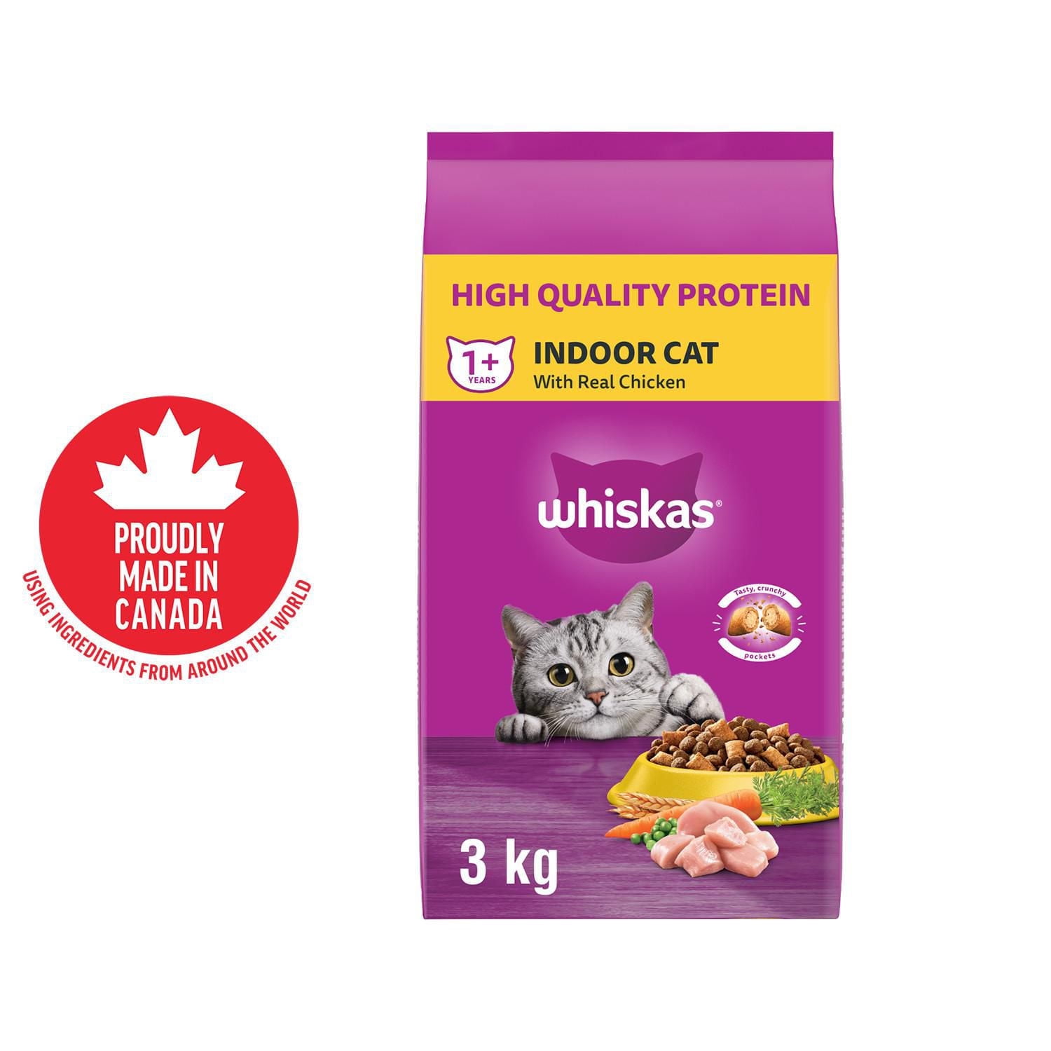 WHISKAS Adult Dry Cat Food, Indoor With Real Chicken 3kg