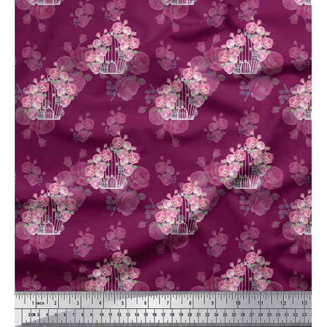 Soimoi Pink Viscose Chiffon Fabric Cage & Roses Floral Print Fabric by Yard 42 Inch Wide
