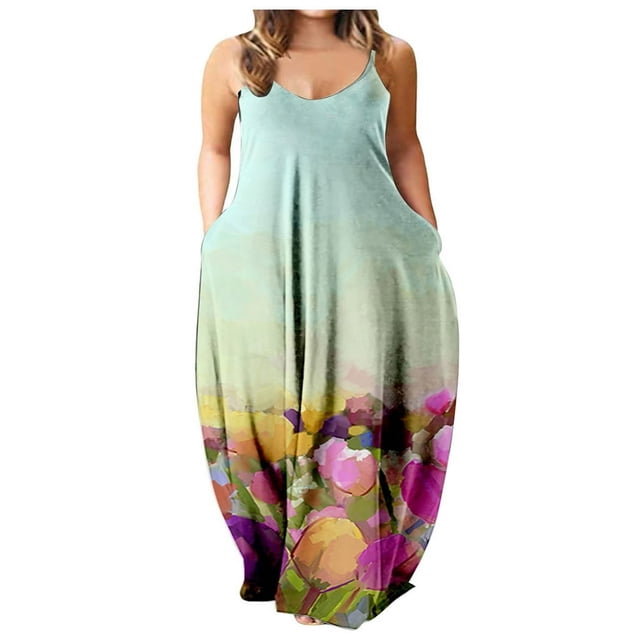 Robe Longue d'Été pour Femme à Col Rond, Imprimée, Sans Manches, Grande Taille, à Enfiler, à Bretelles Spaghetti, Longue Robe Maxi avec Poches