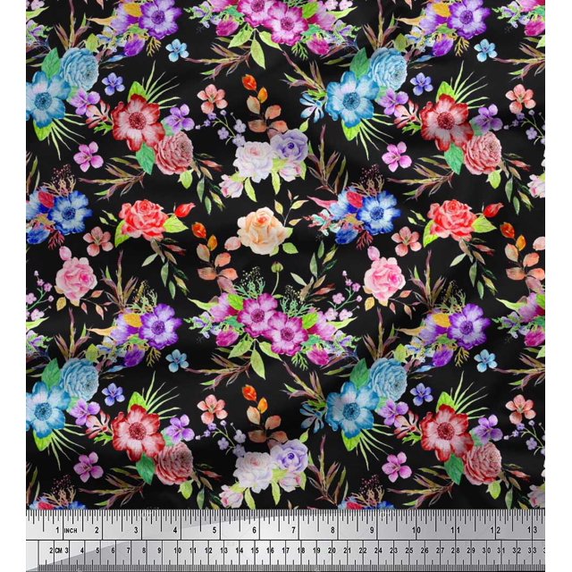Soimoi Poly Georgette Fabric Leaves, & Rose Floral Decor Fabric Printed Yard 52 Inch Wide