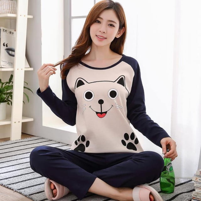 Printemps Automne Mignons Ensembles de Sommeil pour Femmes Col Rond Manches Longues et Pantalon Ensembles 2 Pcs Costume Décontracté Tenue d'Intérieur pour Dames Pyjama
