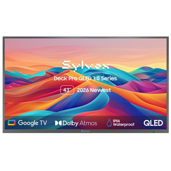 SYLVOX Outdoor TV, 43'' QLED TV, 4K UHD 1000nits High Brightness Smart TV, IP56 Waterproof TV for Partial Sun, Google TV with Dolby Atmos, Support Google Assistant, Chromecast, (Deck Pro QLED 3.0)