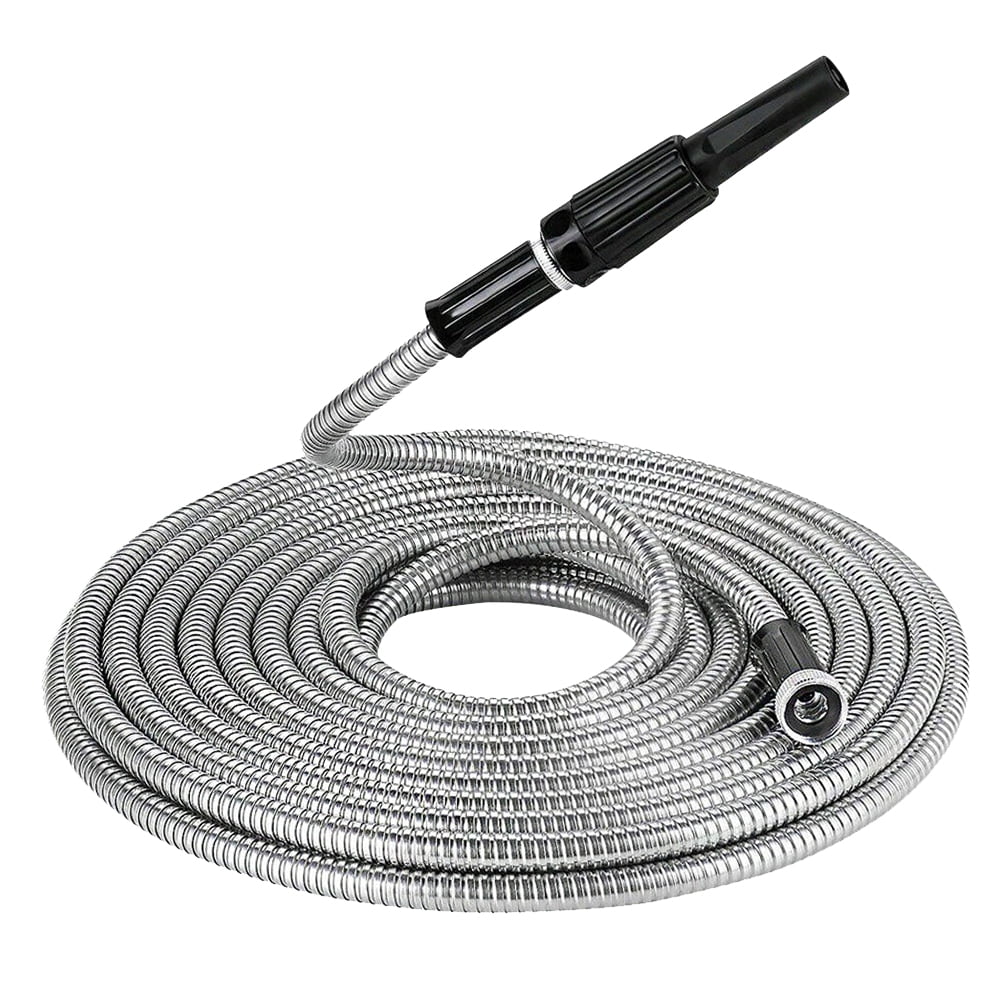 FRCOLOR Garden Hose 25Ft Stainless Steel Telescopic Garden Hose Watering Hose Garden Water Hose Pipe Free Spray Nozzle Home Silver EU Standard,299.21"X1.18"X1.18"