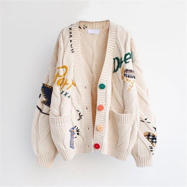 Pitauce Womens Oversized Cardigan Sweater Button Down Long Sleeve Cable Knit Embroidery Sweaters Outwear with Pockets, Free Size
