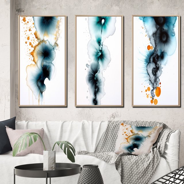 Designart « Heartbeat Rhapsody Turquoise and Gold Ink Cloud I » Peinture Abstraite Ensemble d'Art Mural Encadré de 3 - Ensemble de Cadres Modernes Turquoise pour Mur de Galerie pour Déco Maison