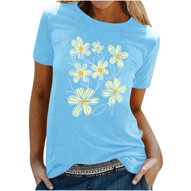 KIHOUT Nouveau Haut de Mode d'Été pour Femmes 2025, T-Shirt à Manches Courtes à Col Rond Décontracté à Imprimé Floral Bleu Ciel TG
