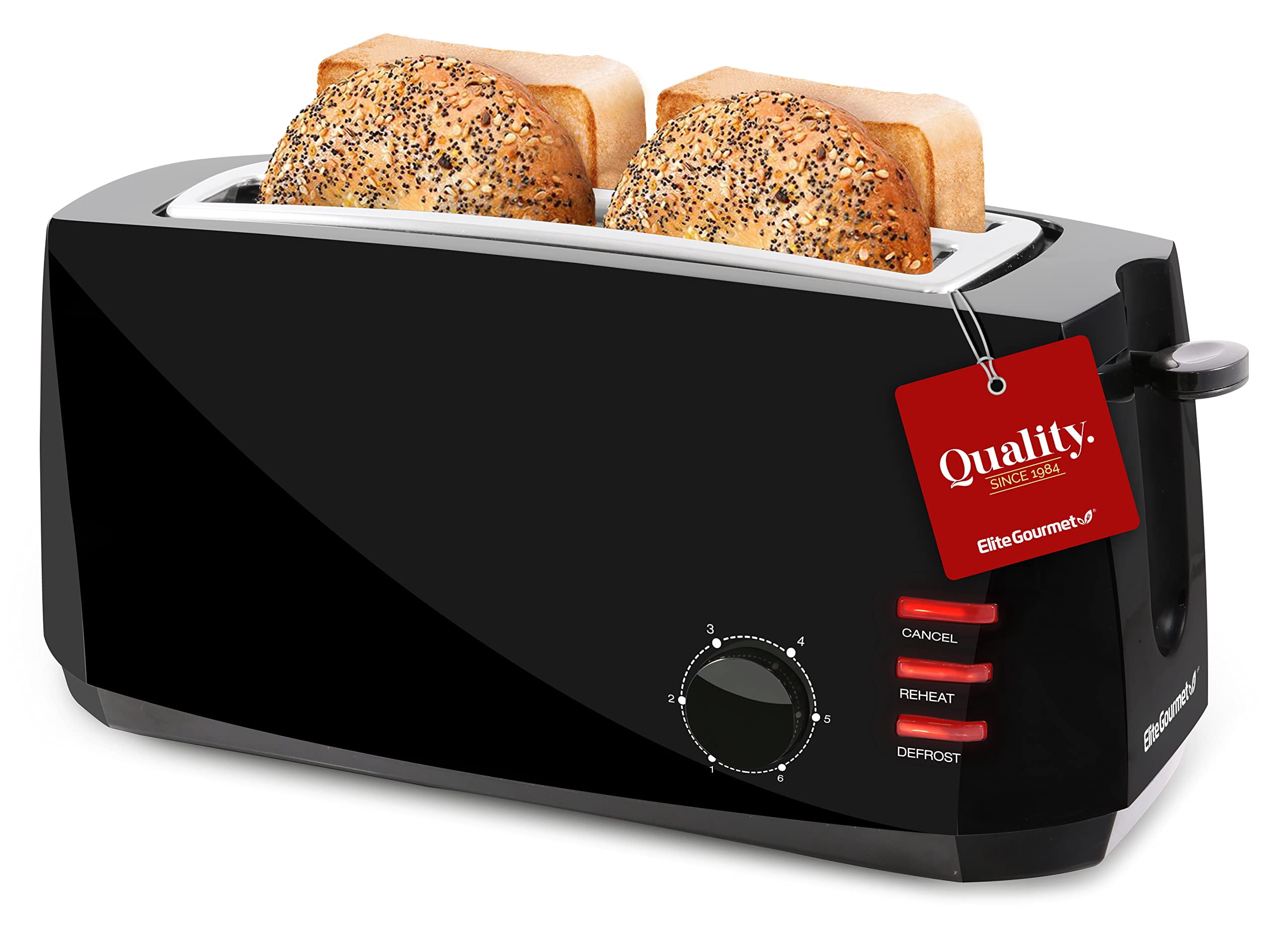 Elite Gourmet ECT4829B Long Slot 4 Slice Toaster, 6 Toast Settings Toaster Defrost, Reheat, Cancel Functions, Slide Out Crumb Tray, Extra Wide Slots for Bagels Waffles,