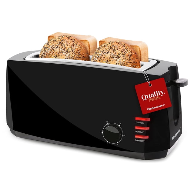 Elite Gourmet ECT4829B Long Slot 4 Slice Toaster, 6 Toast Settings Toaster Defrost, Reheat, Cancel Functions, Slide Out Crumb Tray, Extra Wide Slots for Bagels Waffles, Black
