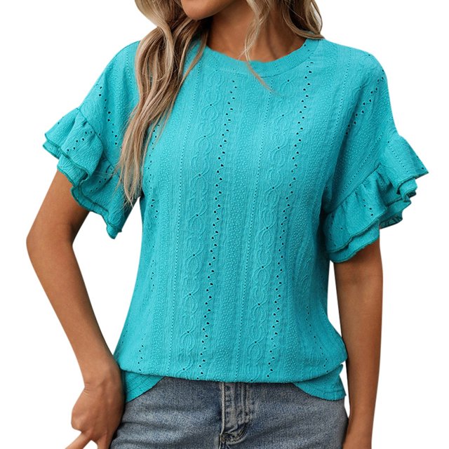 JIRNDf Hauts pour Femmes T-Shirts d'Été Tendance Couleur Unie Col Rond Manches Courtes à Volants Blouse pour Femmes Tunique Décontractée Bleu Ciel L