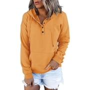 Womens 2023 Hooded Snap Button Collar Drawstring Hoodies Pullover Sweatshirts Fall Long Sleeve Tops Shirts with Pocket Plus Size Oversized Sweatshirts For Women Halloween