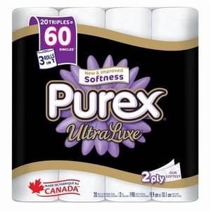Purex UltraLuxe Luxuriously Doucement & Papier hygiénique épais, 20 Triples rouleaux = 60 Rouleaux simples, 20 Triples rouleaux = 60 Roulements simples