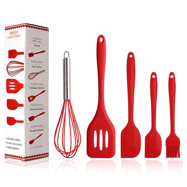 Lot de 5 spatules, ustensiles de cuisine en silicone résistant à la chaleur, résistant aux bâtons, fouet en silicone, brosse à huile, spatule pour la cuisson, la fabrication de gâteaux, rouge