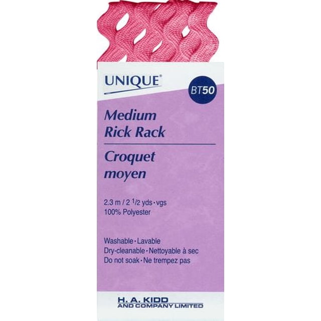 UNIQUE Support de Rick Moyen pour Bordure Décorative, 6 mm de Large et 2,3 m de long, Rose 100 % polyester avec Motif en zigzag, Indiqué sur l'Emballage comme Lavable et Nettoyable à Sec, Convient à la Couture, aux Bricolages et aux Ornements.