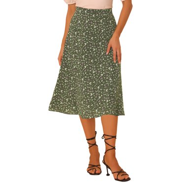 Unique Bargains Women's Peasant Elastic Waist A-Line Leave Print Midi Skirt