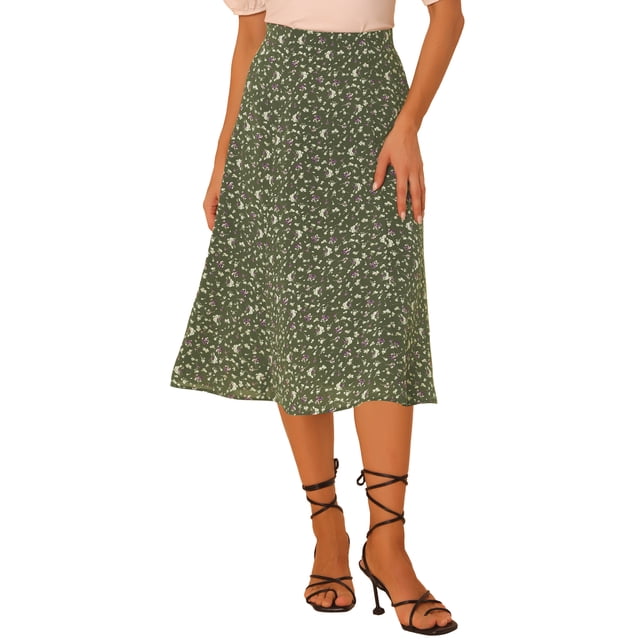 Unique Bargains Jupe Paysanne pour Femme à Taille Élastique, Ligne A, Midi, Imprimé Feuilles, Vert Armée, M