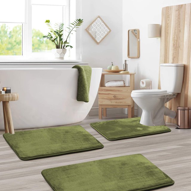 Clara Clark 3-Pack Bath Mat Set - Large, Small and Contour Bathroom Rug Set, Absorbent Memory Foam Bath Rugs, Non-Slip, Thick, Velvet Microfiber Bathrug, Plush Shower, Toilet Bathmats Carpet, Sage