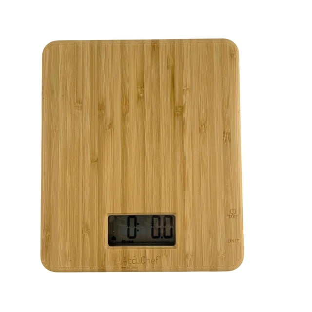 AccuChef Bamboo Kitchen Scale with a natural bamboo surface and slim square design, featuring a digital display showing zero weight and tare and unit buttons on the right side. It measures in grams, pounds, ounces, and milliliters for precise cooking and portion control.