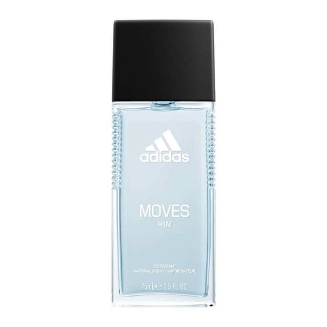 adidas Moves for Him Deo Natural Spray for Men, clear rectangular glass bottle with textured sides and light blue liquid, matte black rectangular cap, white adidas logo and product name on front, 75ml, aromatic fragrance with fresh green apple and peppermint notes