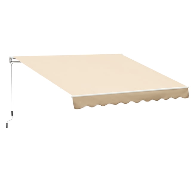 Outsunny Auvent Rétractable Manuel 10 Pieds x 8 Pieds avec Manivelle en beige. Cet Auvent de patio Présente un Cadre durable en Aluminium et Acier avec Tissu polyester Haute Densité 280 G/m2 pour protection contre les UV et la Pluie. Il Comprend une Manivelle Manuelle pour une Ouverture et une Fermeture Faciles, Soutenu par Deux Bras Rétractables et une Barre de Soutien avant. Idéal pour patios, Balcons Ou Vitrines, Il Mesure 116,1 Pouces de long par 96,5 Pouces de Large. Facile à Monter avec Accessoires Inclus.