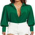 thumbnail image 1 of Chemise Rétro à Manches Évêque pour Femmes Printemps Automne Bureau Dame Couleur Unie/imprimé Léopard Col à Revers Manches Longues Boutonnée Vert S, 1 of 8