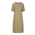 thumbnail image 4 of SMihono Robe Maxi Bohème d'Été pour Femmes Grande Taille Mode d'Été pour Femmes Couleur Unie Col Rond Manches Mi-Longues Robe en Coton et Lin Robe de Plage Évasée, 4 of 8
