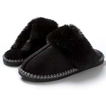 Classic Scuff Slippers for Women with Ultra-long Faux Rabbit Fur Fleece Lining Slip-on Style Indoor Shoes with Anti Slip Sole, black