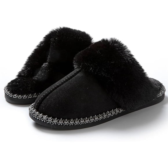 Pantoufles Classiques à Enfiler pour Femmes avec Doublure en Molleton de Fausse Fourrure de Lapin Ultra Longue, Style Intérieur, Semelle Antidérapante, Noir