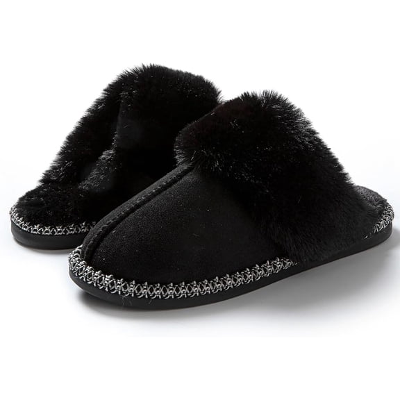 Classic Scuff Slippers for Women with Ultra-long Faux Rabbit Fur Fleece Lining Slip-on Style Indoor Shoes with Anti Slip Sole, black