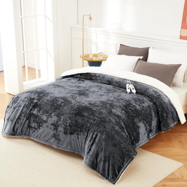Heated Blanket King Size, 90" × 100" grey electric blanket with dual controls, velvet-soft texture, and sherpa fleece lining, displayed on a bed in a bright bedroom. Offers 4 heat settings, 10-hour auto shut-off, and ETL certification for safety. Ideal for heated bedding and cozy relaxation. Machine washable for easy care.