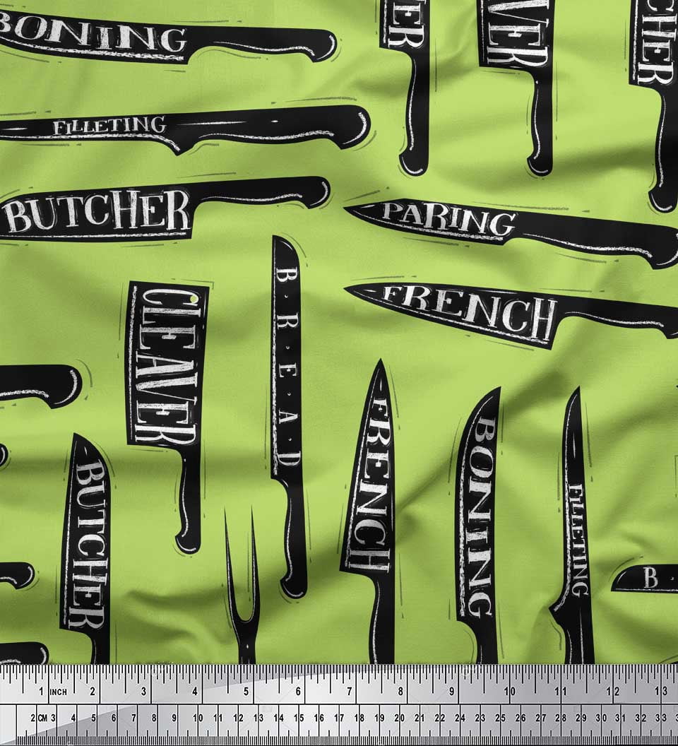 Soimoi Green Moss Georgette Fabric Text & Knife Kitchen Print Fabric by Yard 42 Inch Wide