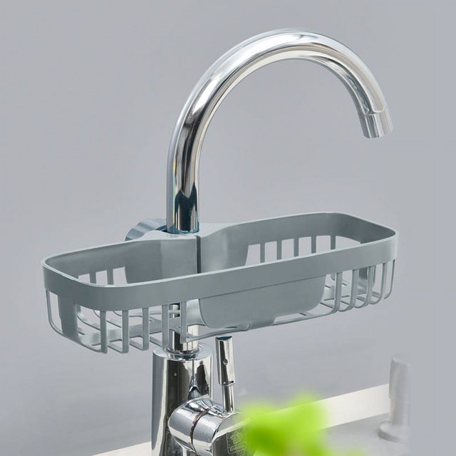 Oleegame 1PC Shower Soap Dish With Hook Sink Sponge Rack Stand Kitchen Faucet Storage Rack Sponge And Towel Rack Drain Basket Home Kitchen Cleaning Tools Gray