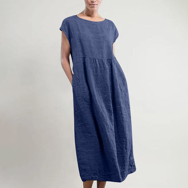 HKEJIAOI Robes Décontractées pour Femmes Offres Liquidation Cadeau d'Anniversaire Mode pour Femmes Uni Sans Manches à Col Rond Robe Longue Rétro Bleu Marine