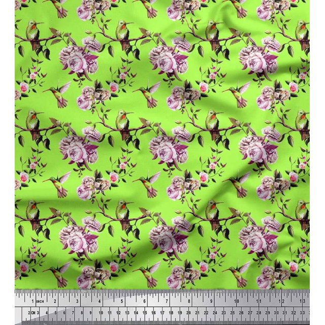Soimoi Poly Georgette Fabric Hummingbird,Leaves & Rose Floral Decor Fabric Printed Yard 42 Inch Wide